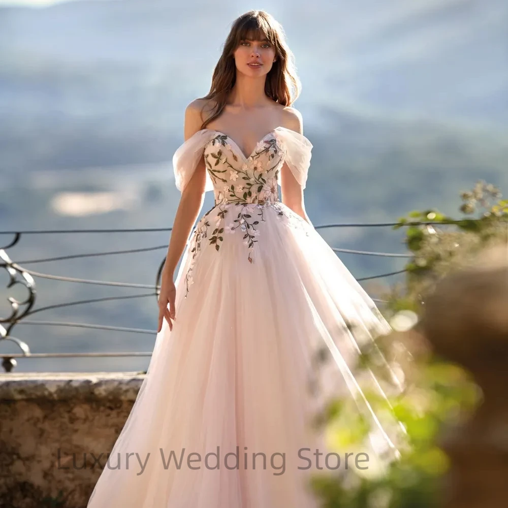 Luxus neue elegante lange Brautkleid von der Schulter klassische V-Ausschnitt Applikationen Brautkleider einfache A-Linie Vestido de Novia – Detail 4