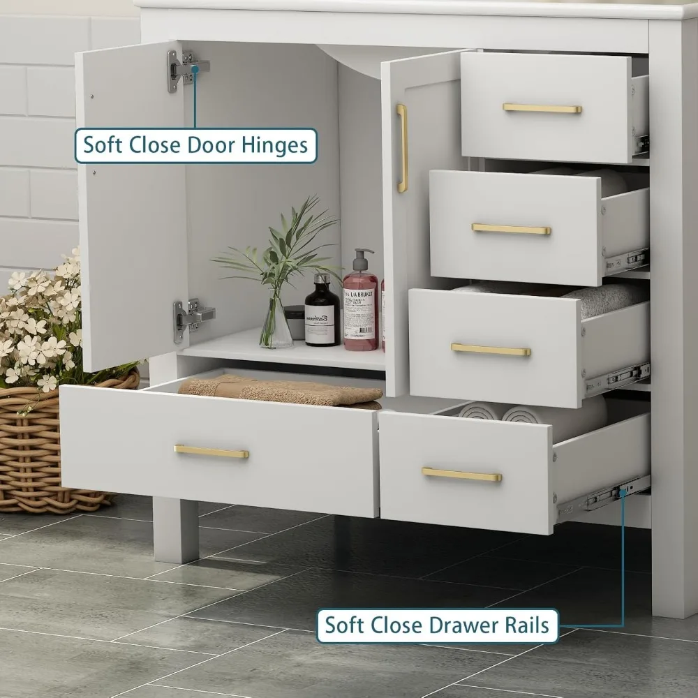 36" Bathroom Vanity with Sink with Faucet, Single Sink Bathroom Vanity 5 Drawers, Mirror, Pedestal,Ceramic Countertop