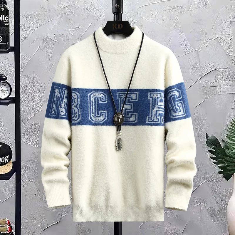 Men's Winter Knitted Sweater Pullover Print Korean Fashion Clothes Knitwears Clothing Long Sleeved Round Neck Spring Autumn