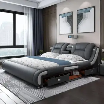 Queen Luxury Modern Double Bed Storage Multifonction Bedroom King Double Bed White Frame Smart Cama Box Casal Room Furniture