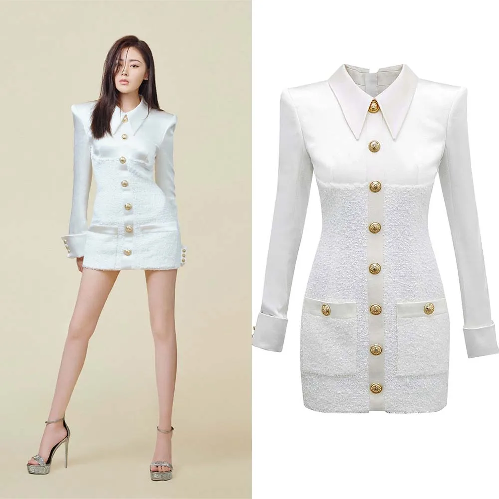 

2022 Early Autumn Star Fashion Lion Head Single Breasted Satin Wool Stitching Professional Commuter Women's Dress