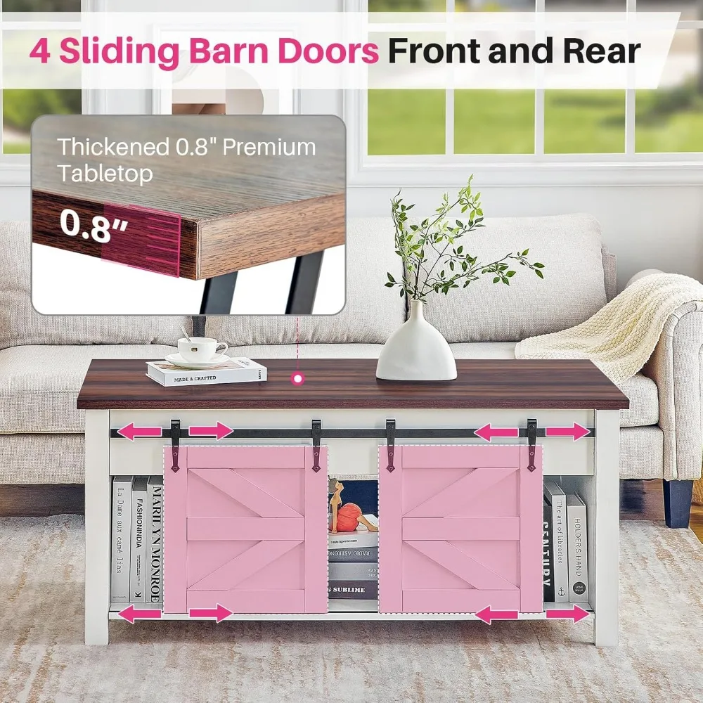 Lift Top Coffee Table,Coffee Table with Storage,47" White Coffee Table with Lifting Top, Lifting Tabletop with Sliding Barn Door 4