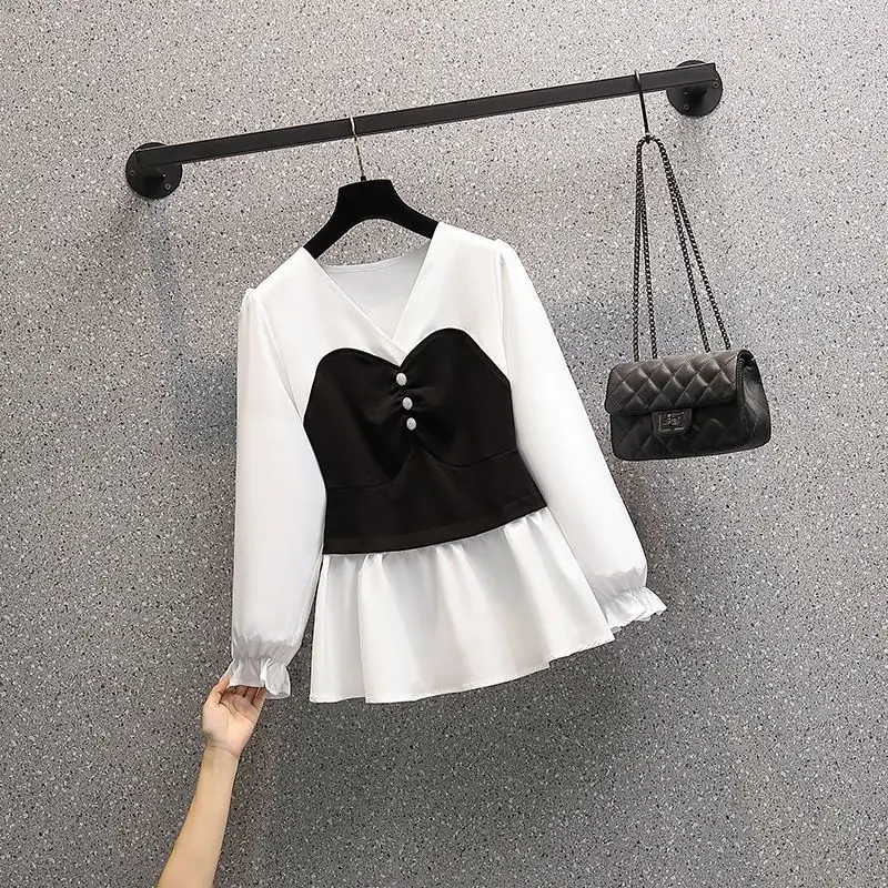 Fashion Set for Women's Spring and Autumn Slimming Splicing Fake Two-piece Shirt Top Age Reducing Casual Pants Two-piece Set