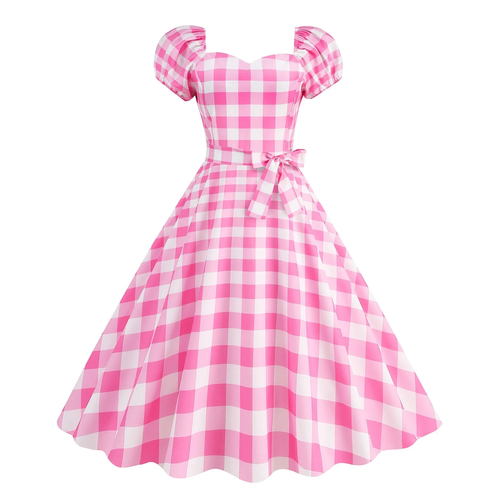 

Women's Vintage A Line Dress Bubble Sleeved Lace Up Waist Pinup Robe Plaid Printed Large Hem Dresses Elegant Women Party Gown