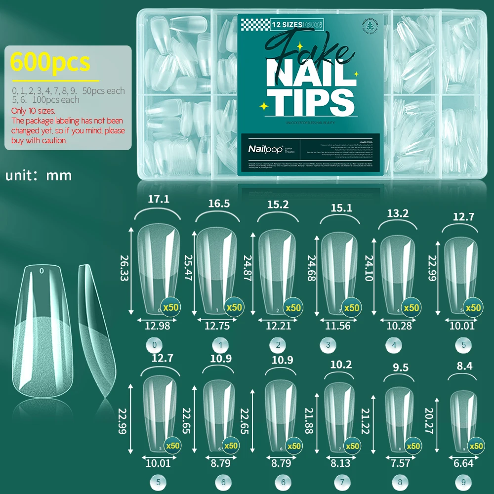 Soft Gel Nail Tips - Pre-Buff Full Cover Coffin, Almond, and Oval Shapes (600 Pieces)