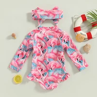 Rteyno Toddler Girls Swimsuit Rompers Long Sleeve Floral Print Baby Ruffles Bathing Suit Swimwear with Headwear Playsuit 3
