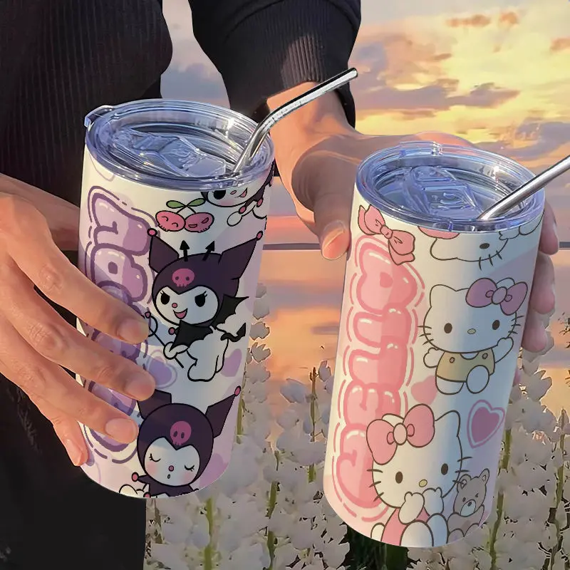 

Anime Sanrio Thermos Kuromi Accessories Cute Kawaii Stainless Steel Handy Mug Coffee Mug with Straw Portable Toys for Girls Gift