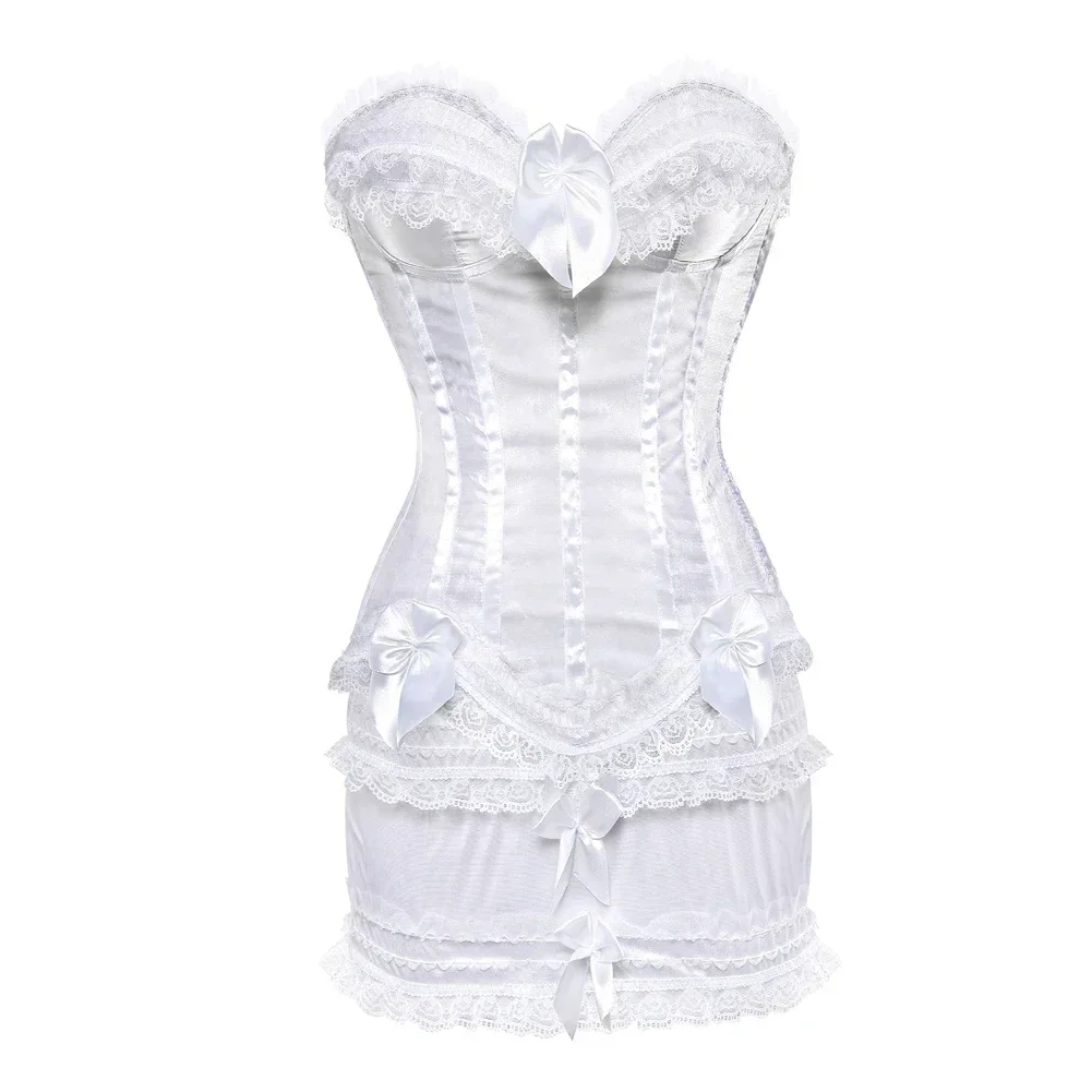 Women Corset Mini Skirt Satin Bustiers Lace Up Boned Busiter Zip Corsage Corsage with Lace Trim and Bow Costumes Plus Size