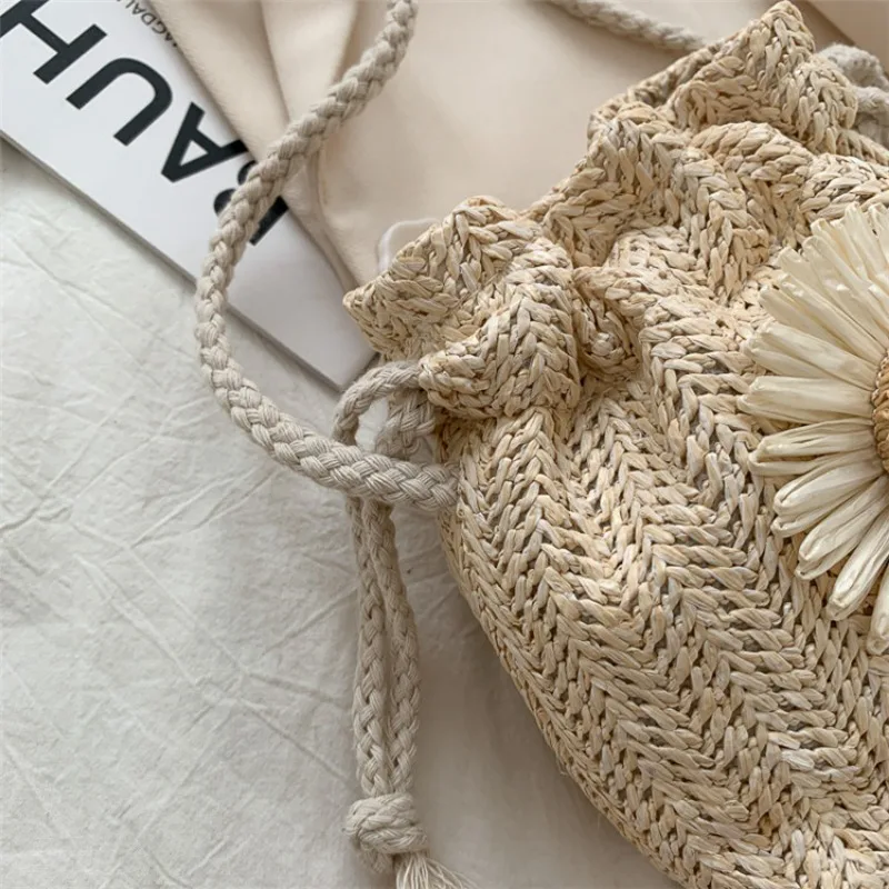Women Handbag Crossbody Bags Straw Woven Ins Cute Sunflower Floral Summer Trend Girl Ladies Totes Purses Bucket Bag