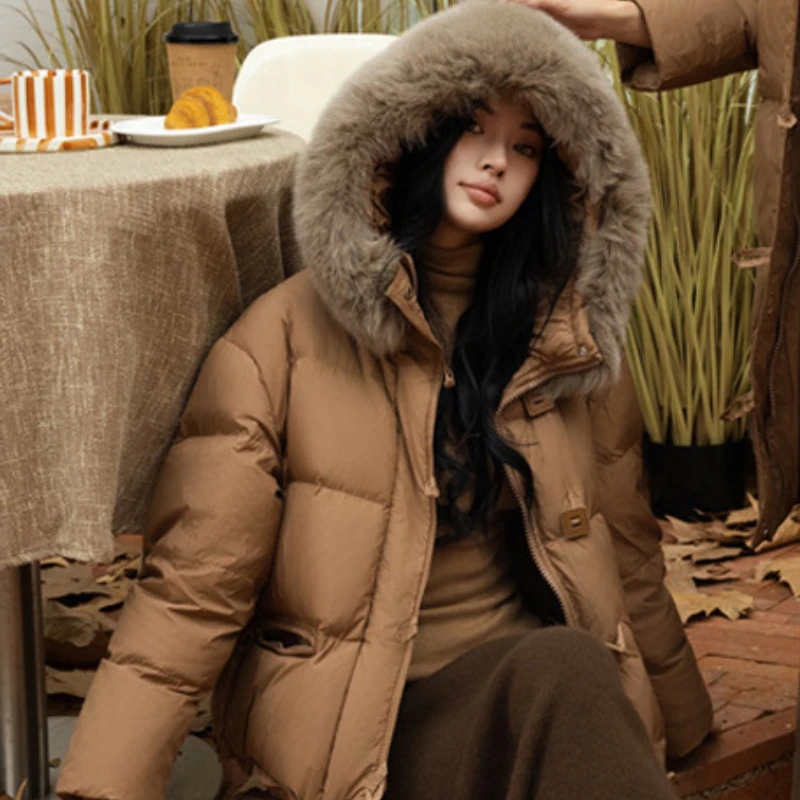 Chaqueta de invierno de plumón para mujer, abrigos acolchados con capucha, abrigos coreanos de botones sólidos, abrigos de piel grande, abrigos gruesos y cálidos para mujer