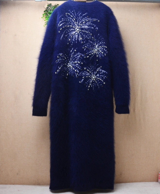 

1.3KG Female Women Fall Winter Thick Hairy Mink Cashmere Hand Knitted Printing Beaded V-Neck Loose Angora Fur Long Cardigans Top