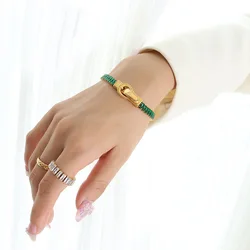 Colorful Zircon Elastic Belt Buckle Bracelet for Women - Trendy Stainless Steel Jewelry Accessory (Green Bracelet)