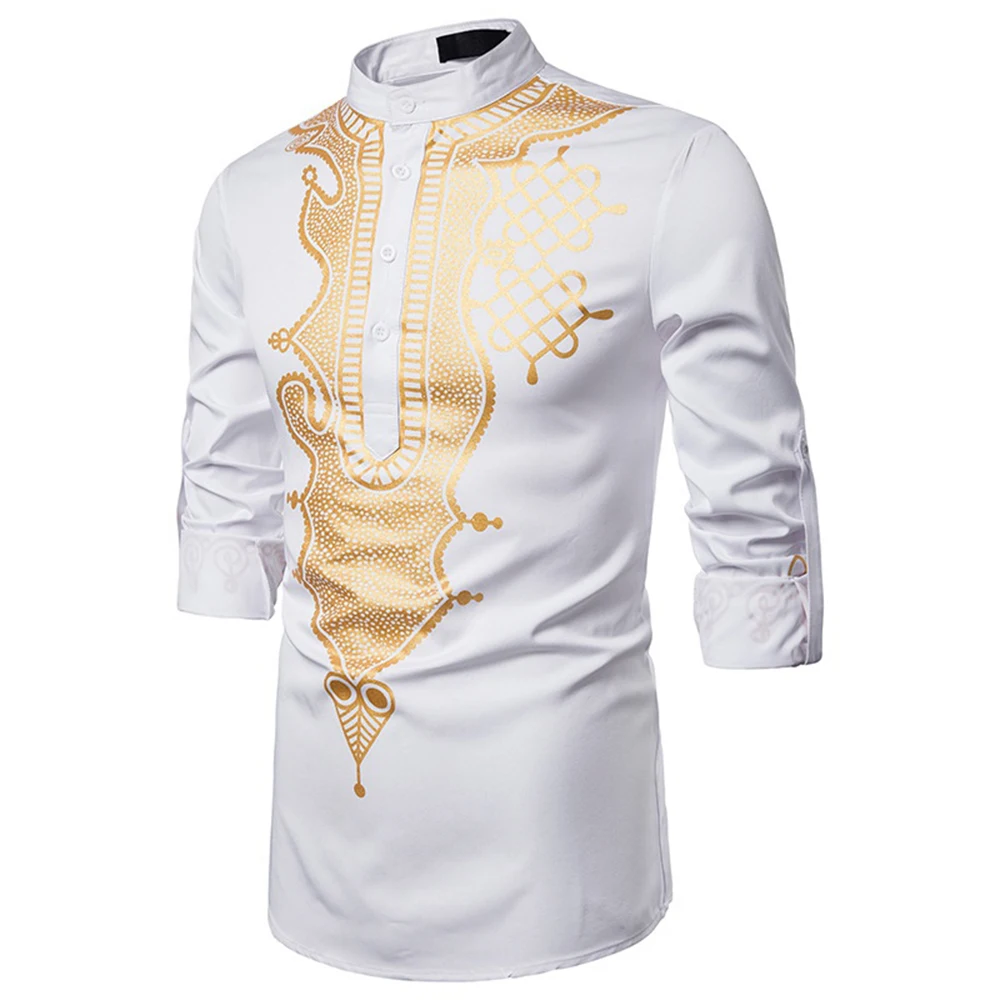 Mens Stylish African Bronzed Printed Shirt Printed Totem Long Shirt African Wind Shirt