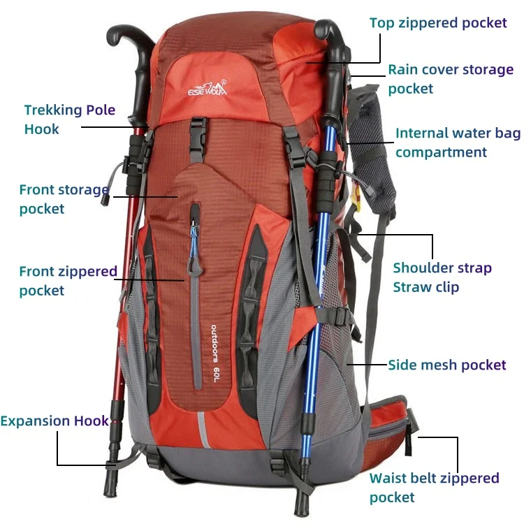 Camping Backpack 60L Waterproof Hiking Large Capacity Rucksuck Ultra-Light Rain Cap Travel Bags Outdoor Mountaineering camping backpack
