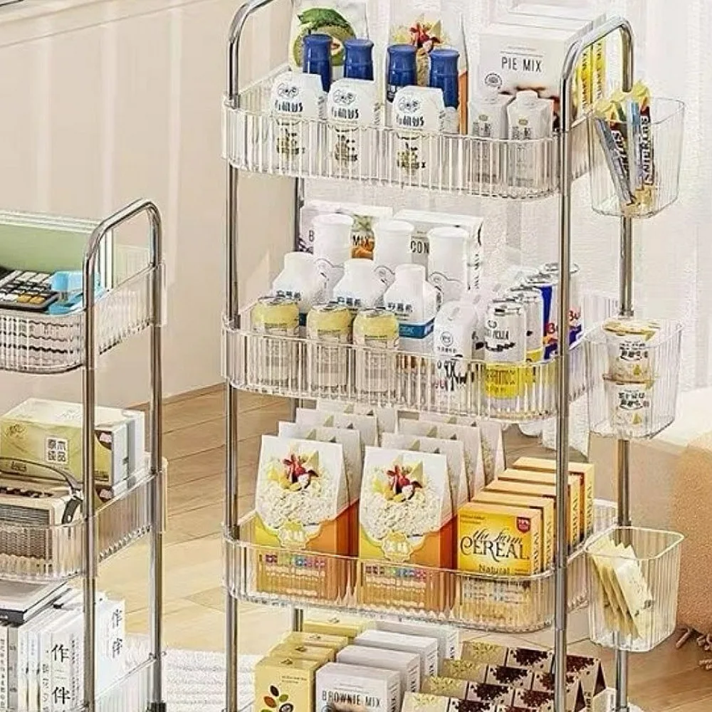 4 Tiers Rolling Cart Storage Shelfs with Hanging Basket Transparent Acrylic Trolley Mobile Shelf with Wheel Multi-Layers Storage