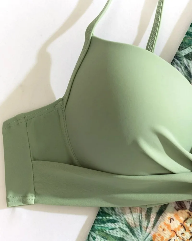 Grüne Bikinis mit Blumen druck setzt dreiteilige Badeanzüge Frau neue Push-up-Bade bekleidung Frauen Reiß verschluss Monokini Frauen Badeanzug