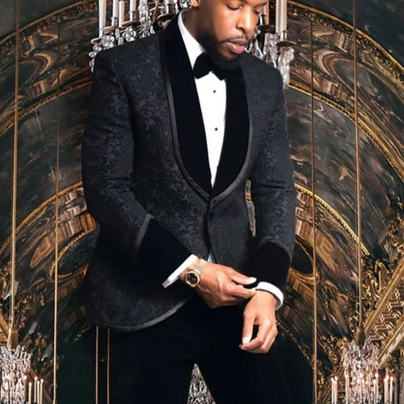 Jacquad Men Suits for Wedding Groom Tuxedo Slim Fit Formal Business Blazer Banquet 2 Pieces Floral Suit Jacket with Pants