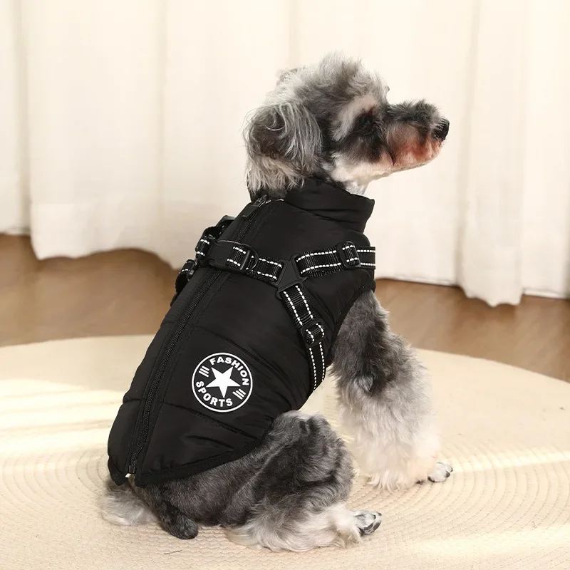 thumbnail image 1 of Psm Nueva ropa para mascotas Chaqueta para perros Abrigo acolchado de algodón Perro pequeño Chaleco con correa de dos pies Pecho Espalda Ropa cálida de invierno, 1 of 5