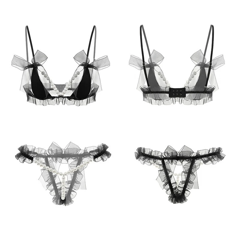Belamimi Sexy Pearl lingerie Women lace bra set Pure desire thong push-up bow bra