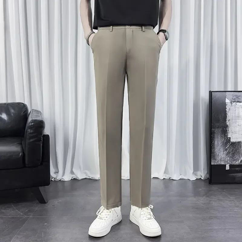 thumbnail image 1 of Pantalones de traje para hombre color caqui, pantalones ajustados con diseño trenzado para hombre, ropa marrón de primavera, sastrería, licra, vestido, clásico, novedad en el diseñador, 1 of 4