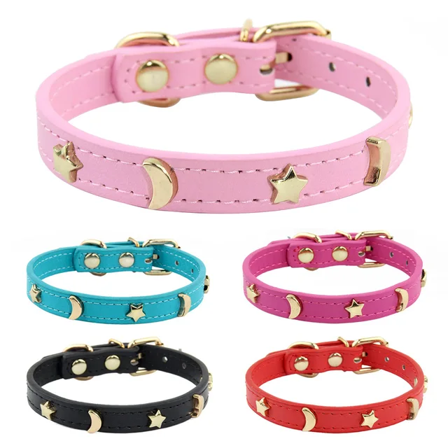 Cute Cat Collar Soft Leather Pet Collars For Small Dog Kitten Puppy Necklace Cat Accessories Star Moon Rivets Decoration XS-M Cute Cat Collar Soft Leather Pet Collars For Small Dog Kitten Puppy Necklace Cat Accessories Star Moon Rivets Decoration XS-M