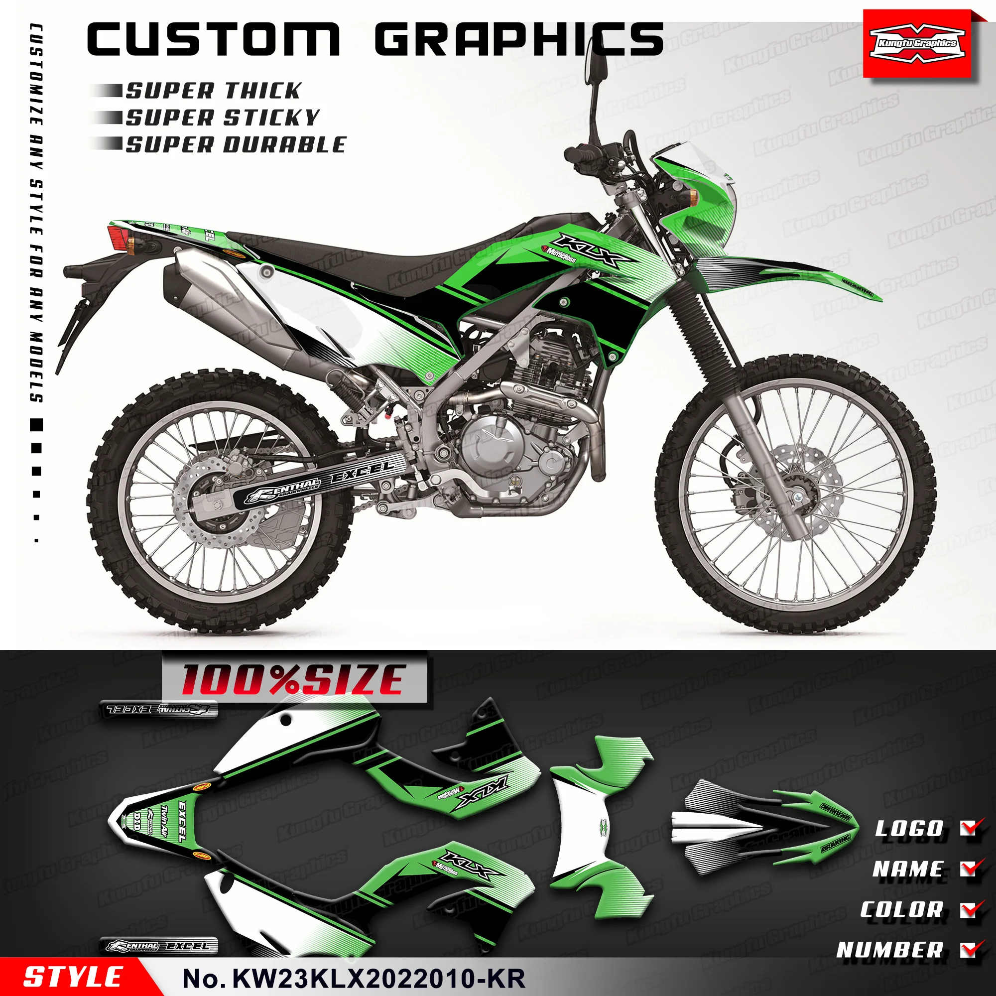 

KUNGFU, Набор наклеек для графики, ламинированные наклейки для Kawasaki KLX230 2020 2021, KW23KLX2022010-KR