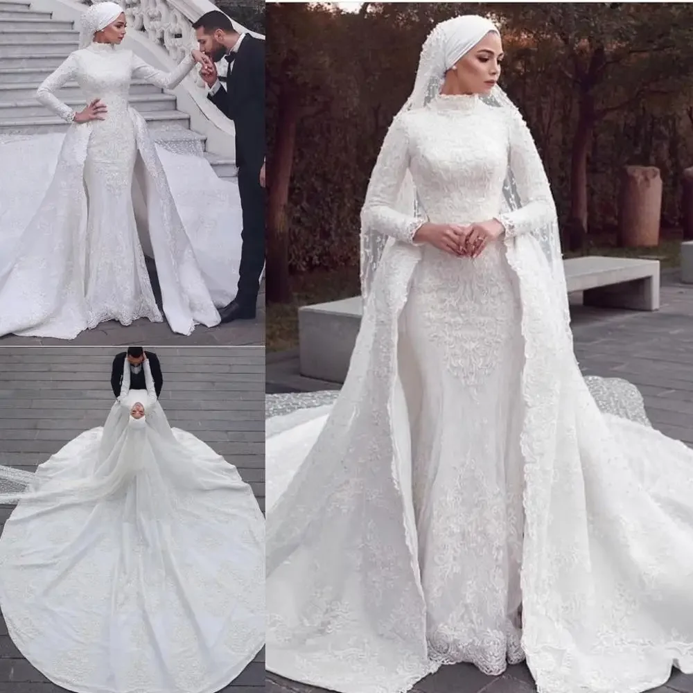 Wedding Dresses Muslim Mermaid Bridal Gowns Hijab Vintage Robe Detachable Train Lace Appliques Overskirt