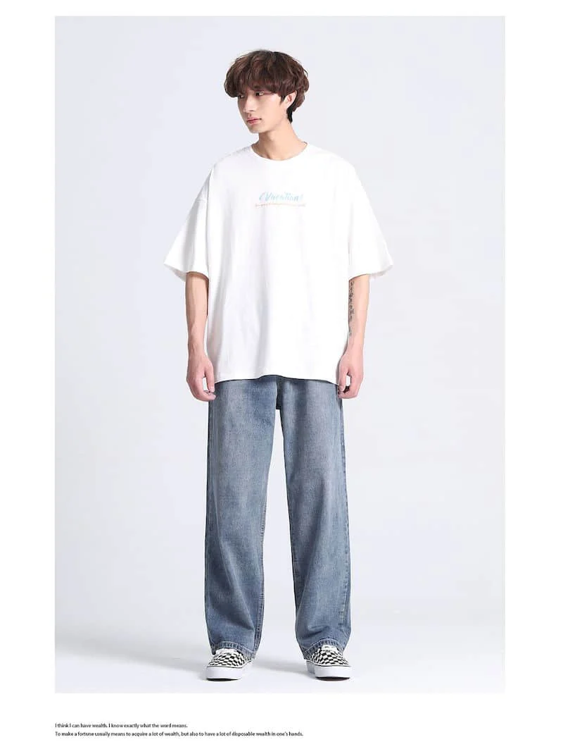 Calças de Brim de Cordão Total em Linha All-match na Moda Sólido Denim Comprimento Reta Solta Masculino Punk Baggy Retro Lazer Chique Cowboy Calças 10 Online shopping