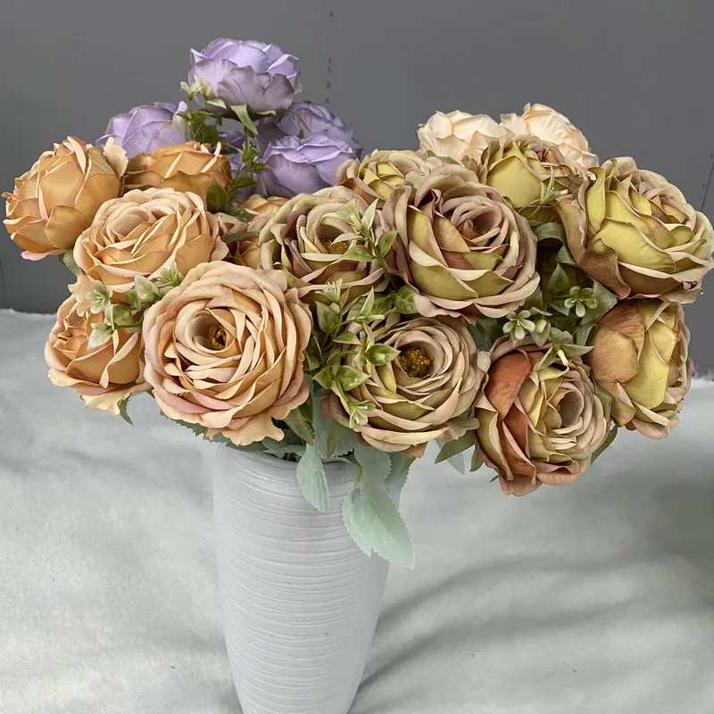 

Fake Roses Bouquet Simulation Flowers Wedding Floral Balcony Garden Decoration Green Plant Gold Silk Rose Artificial Flower