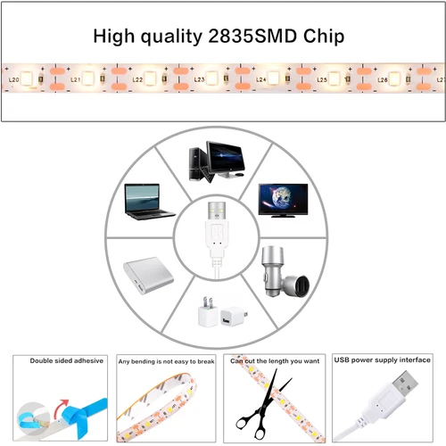 터치 스위치 LED 스트립 세트, Dc 5v 2835 Smd 따뜻한 흰색 조명, 욕실 침대, 침대 밑, 화장대 캐비닛, 옷장, 홈 데코 4
