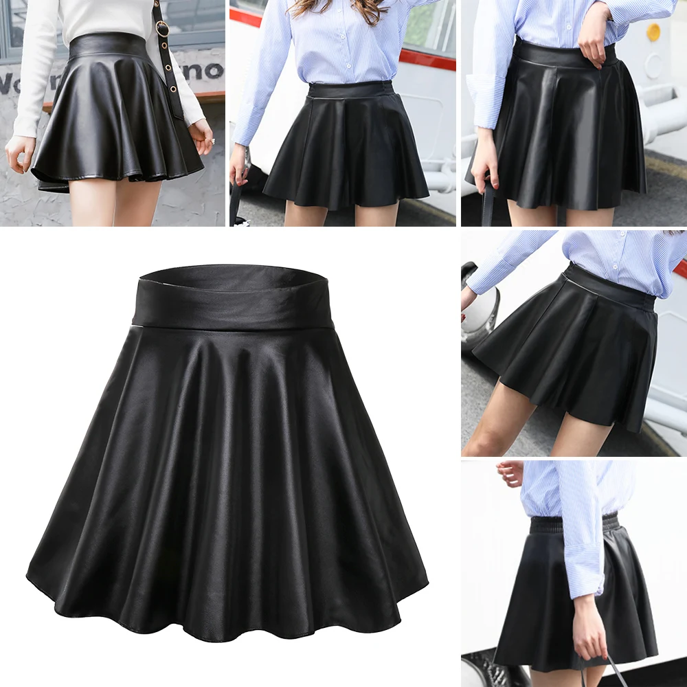 Women Faux Leather Skirts High Waist Elastic Mini Short Skirt Multipurpose For Skater Work Nightclub