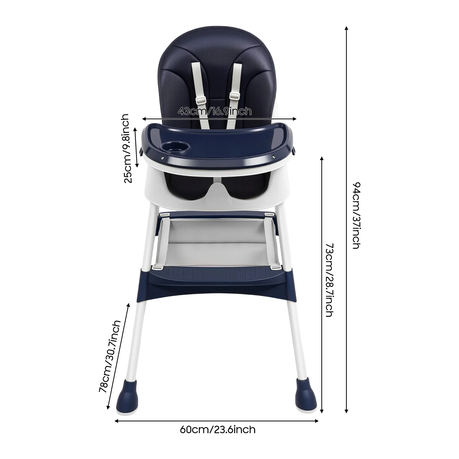 Höhenverstellbarer Babyhochstuhl mit Liegefunktion, Steppstangen und Sicherheitsschnalle für 6 Monate bis 6 Jahre, Blau – Detail 3