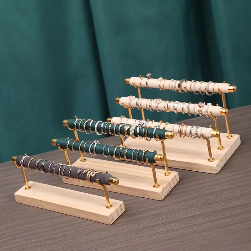 Elegant Wooden Ring Display Stand with Multi-Layer Sponge Holder and Detachable Metal Frame