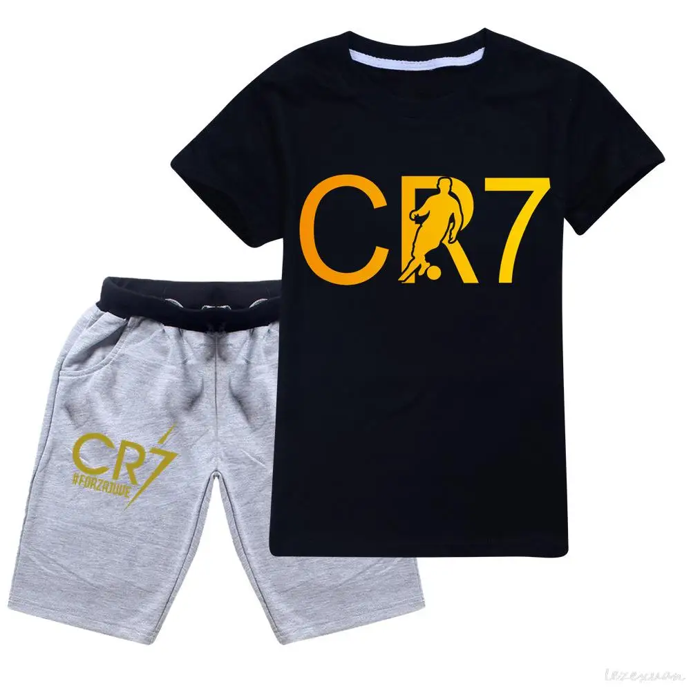 Summer Girl Baby Boys Set Di Vestiti Cristiano Ronaldo Cr7 Stampa Magliette Pullover Manica Corta + Pantaloncini 2 Pezzi Abbigliamento 2-14Y