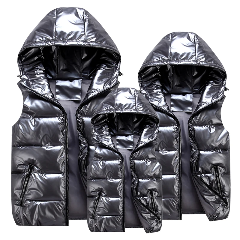 

Man/woman/ child Vest Winter Hooded Glossy Cotton Vest Casual Waistcoat Men's Sleeveless Jacket Warm Overcoats Hat New