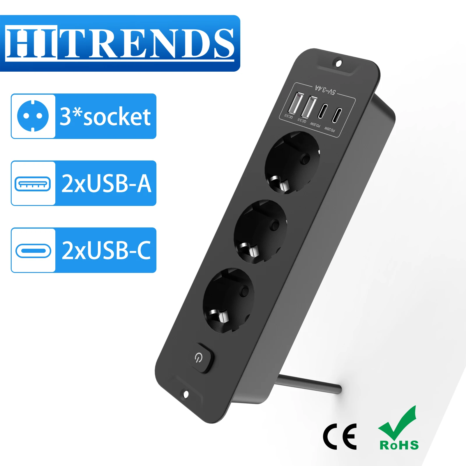 EU Built in Power Strip Desktop ซ็อกเก็ตแบบฝังพร้อม USB 2 Type C Fast charge, multi-Contact Outlet พร้อม 2M Extension Cable 1