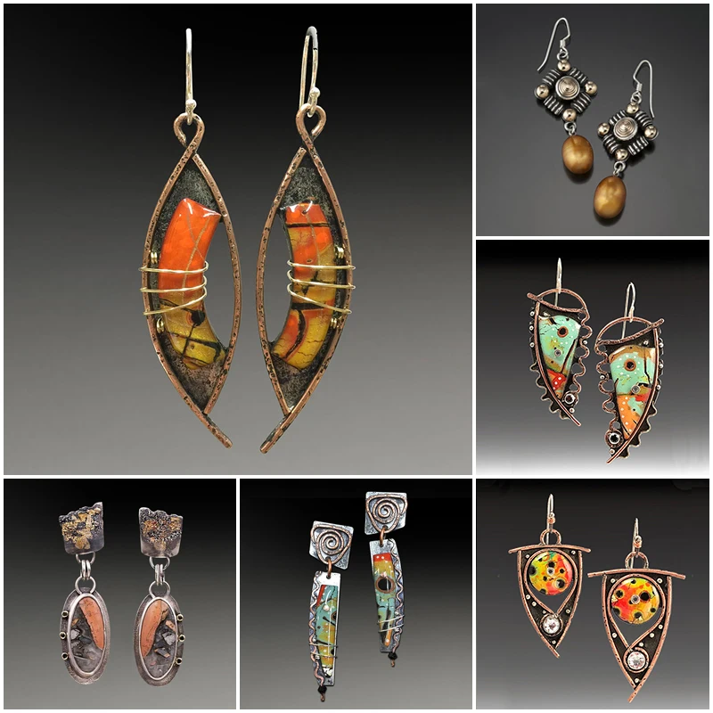 Yellow Orange Stone Vintage Red Bronze Hollow Metal Bending Golden Lines Dangle Earrings For Women