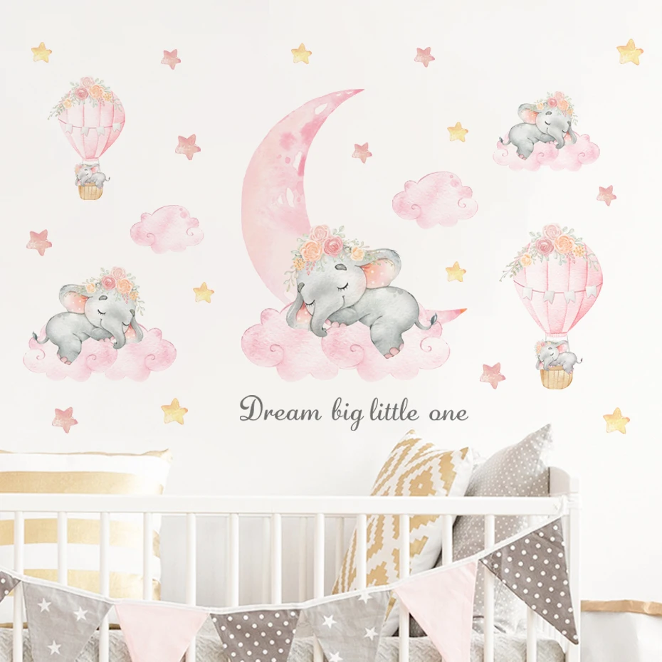 Stickers chambre bébé, stickers muraux enfants, autocollant animaux,  montgolfière éléphant rose étoiles -  France