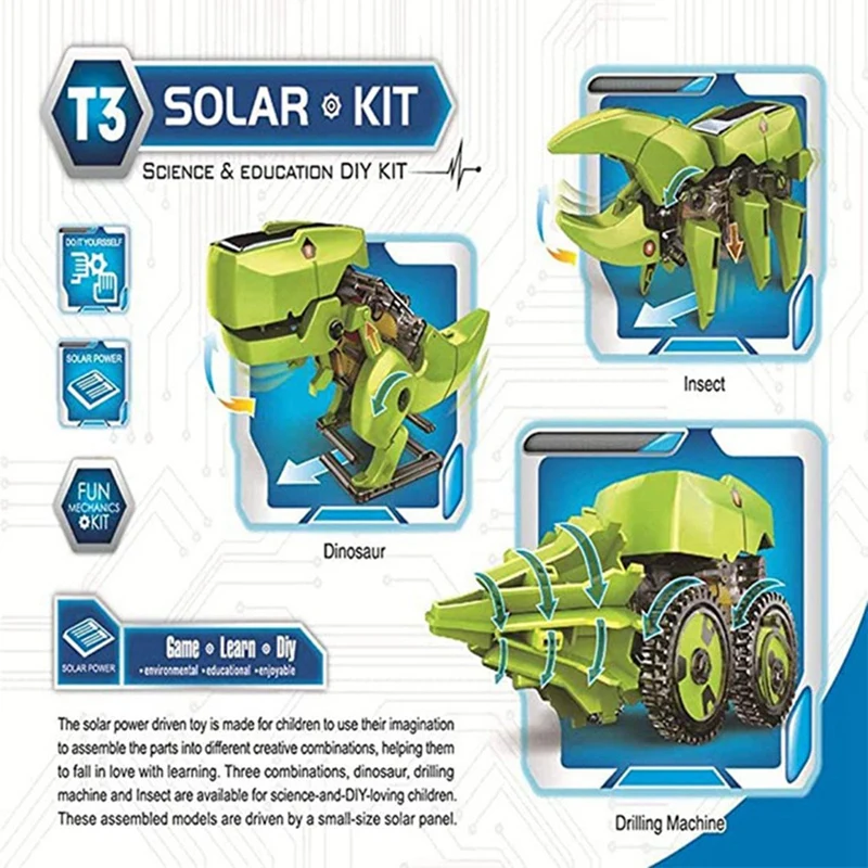 

Diy 3-In-1 Solar Energy Robot Children's Toy Dinosaur Insect Drilling Machine Deformation Panel Power Supply Model for Boys Gift