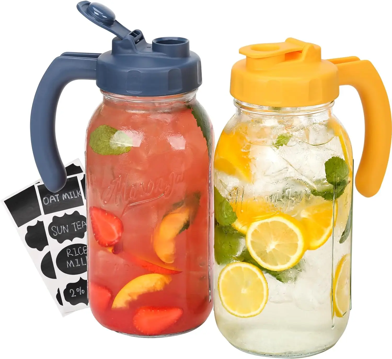Jarra de Vidrio Grande de 64oz con Asa y Tapa Hermética, Dispensador de Bebidas de Boca Ancha para Café Frío, Té Helado Casero, Zumo de Frutas, Limonada, a Prueba de Fugas, Apto para Lavavajillas, Accesorios de Cocina
