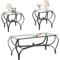 3-Piece Coffee Table Set, Tempered Glass Surface Living Room Sets, Coffee Table & 2 End Side Table, Metal Frame for Living Room 1