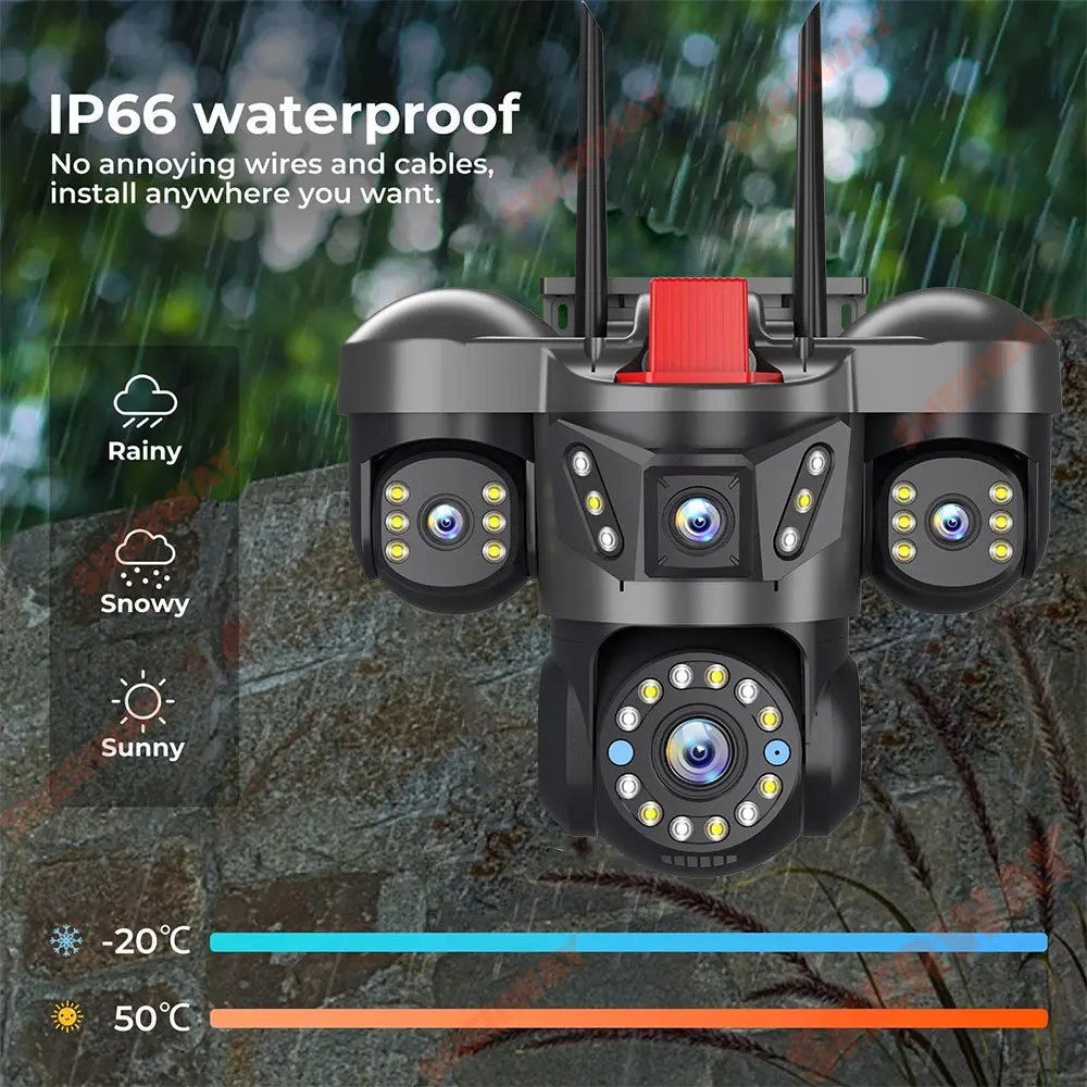 20MP 4 Lens Home Security WiFi Camera Outdoor 10K Wireless 4 Screen 16X Zoom PTZ 360° Surveillance Cameras Auto Motion Detection 3