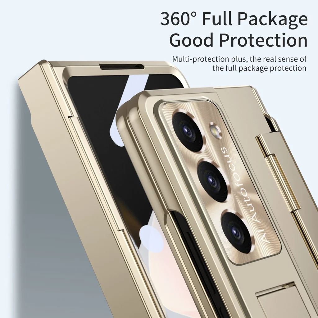 Plating Mirror Leather Folding Cover For Samsung Galaxy Z Fold 5 4 3 5G Case Cover 2 in 1 Kickstand Holder S Pen Slot With Glass