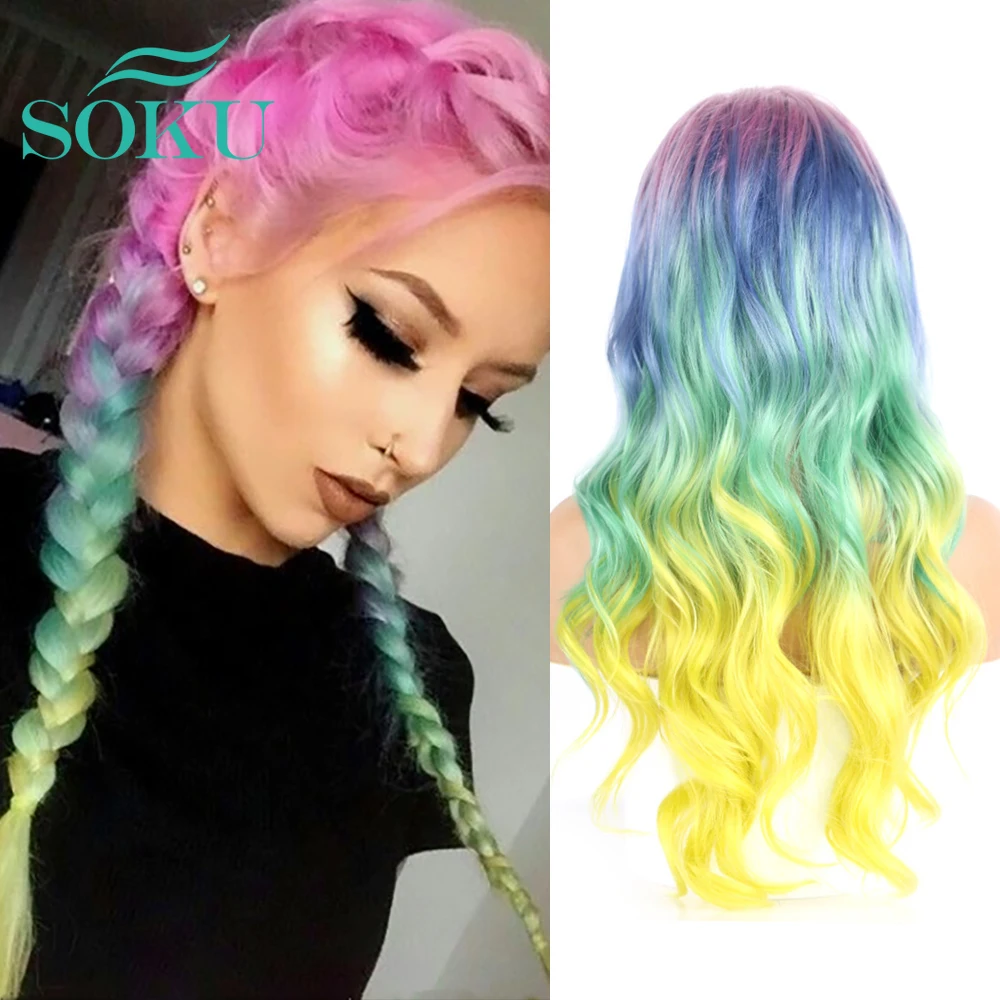 

SOKU Halloween Cosplay Wig Long Body Wave Colorful Synthetic Lace Front Wigs For Black Women Omber Rainbow Heat Resistant Fiber