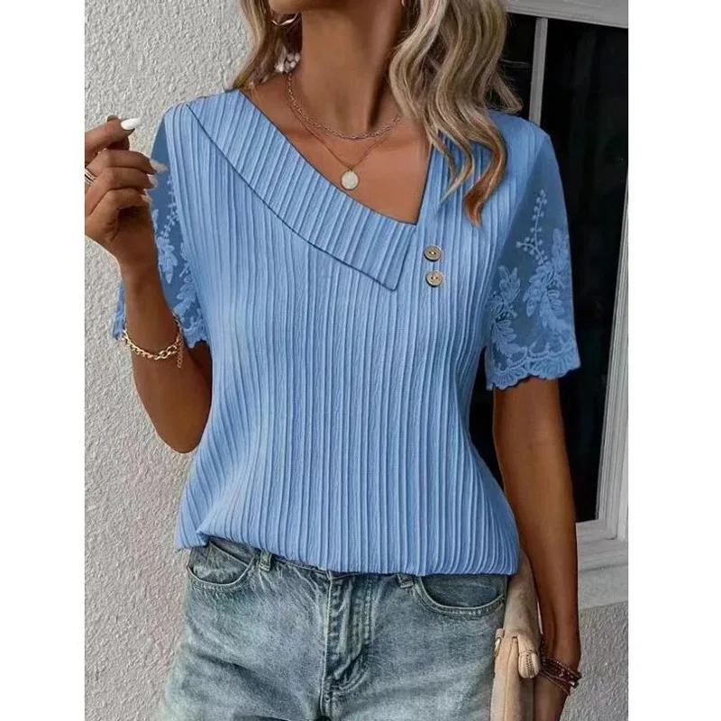 Skew Collar Lace Short Sleeve Blouse Summer Elegant Women Casual shirt Tops For Women Simple Buttons Loose Casual Shirt 28326