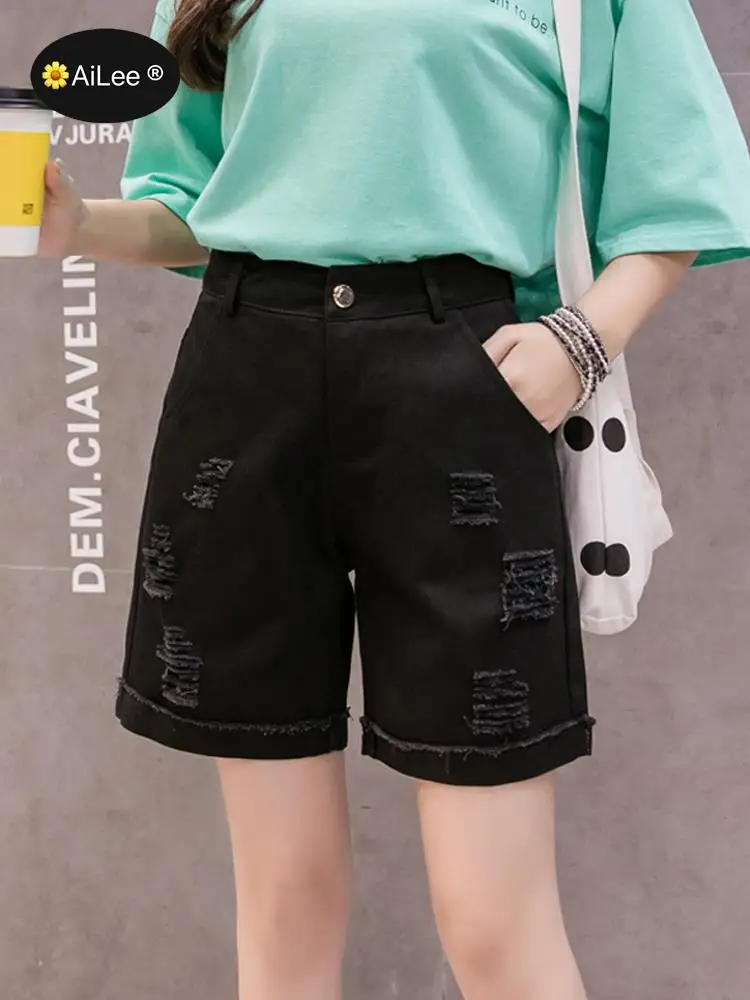 Half Length Denim Shorts Vintage White Black Solid Baggy High Waist Simple Tassel Loose Casual Female Shorts Side Split Summer