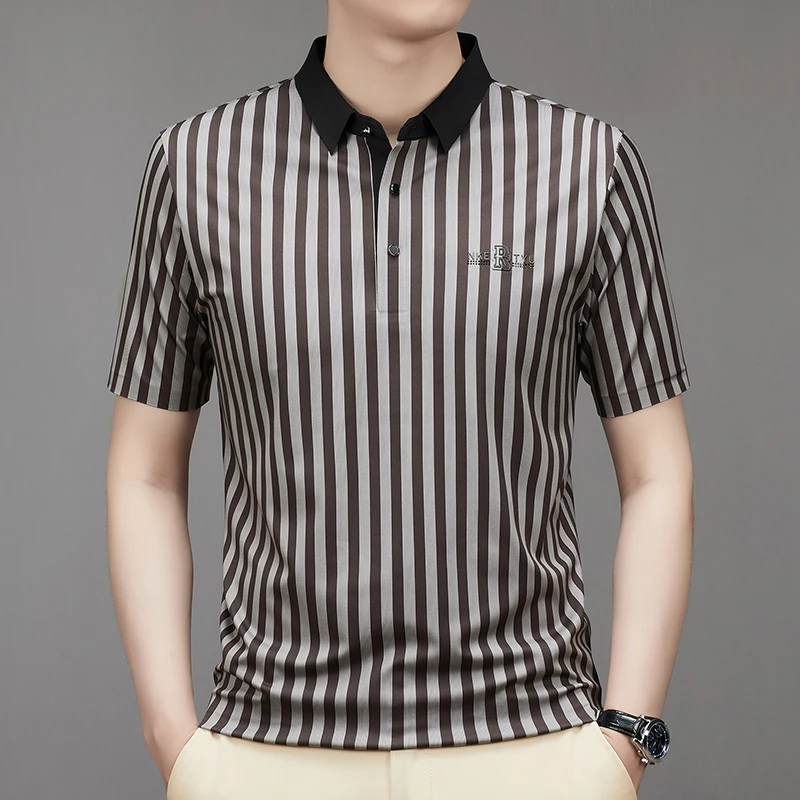 

High End Luxury Men's Polo Shirt Vertical Stripe Printed Embroid Lapel T-Shirt For Men European Street Fashion Trend Summer Ropa