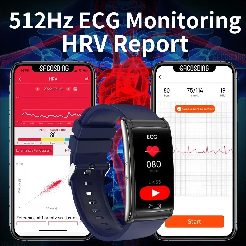 Reloj inteligente ECG para hombre, dispositivo con control del ritmo cardíaco, presión arterial, azúcar en sangre, Android, IOS 2024