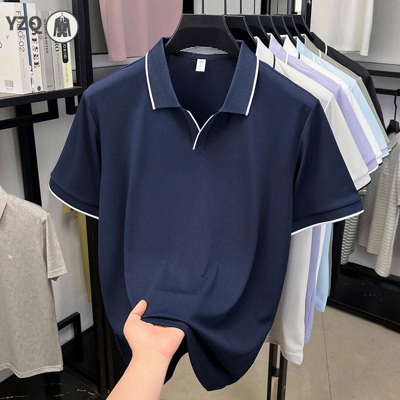 Polo da uomo business casual con risvolto, bordo rifinito, in seta ghiaccio, resistente al sudore, fresco, leggero, estivo, abbigliamento basic - immagine 4