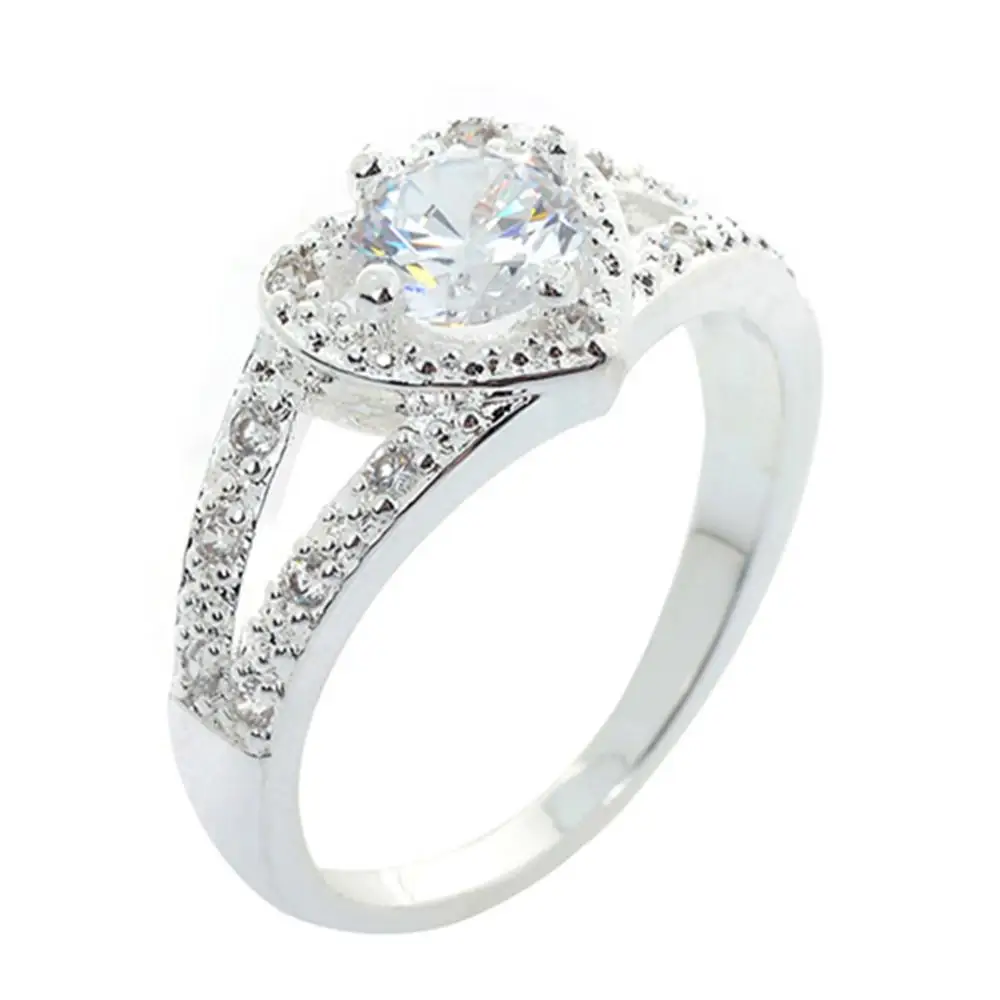 Silver Ring Women 925 Sterling Silver Crystal Love Heart Shaped Bridal Wedding Jewelry